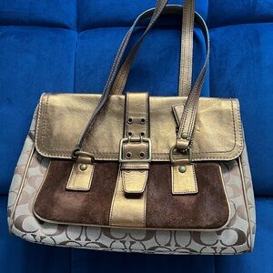 Coach Gold and Brown Signature Shoulder Bag